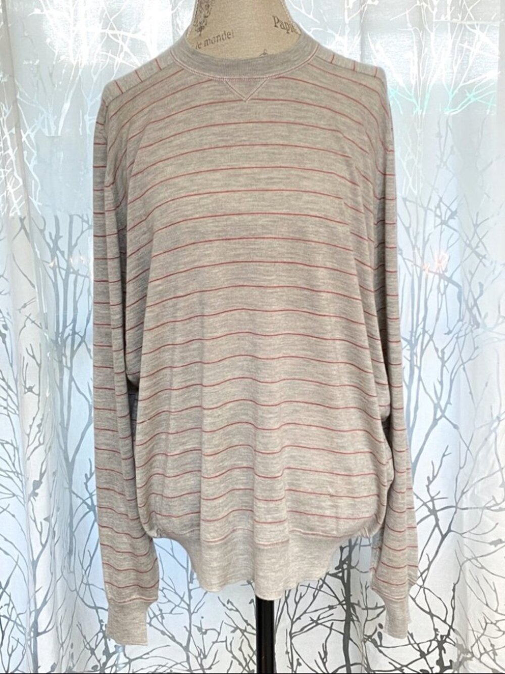Brunello Cucinelli Cashmere silk gray red stripe crewneck sweater top
